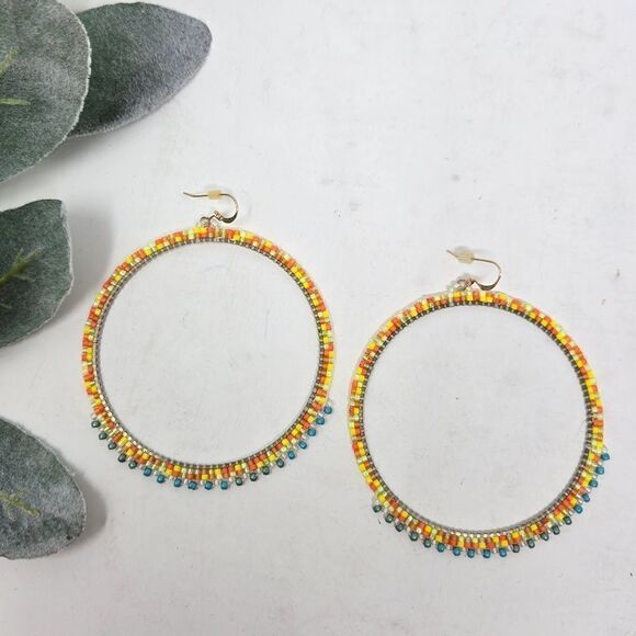 14KT GF Sead Beed Large Boho Hoop Earrings Yellow | Orange | Aqua - Picture 5 of 5